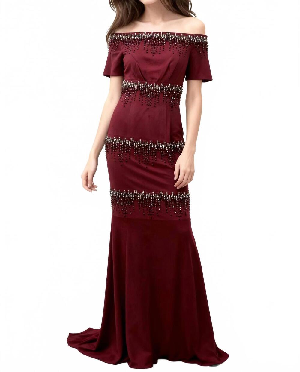 NEW ESCADA off-shoulder evening gown in burgundy